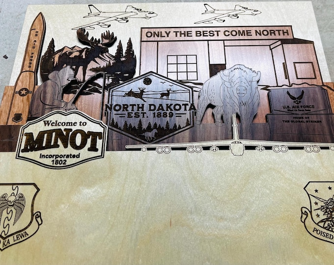 MINOT AFB North Dakota 3D Wooden Name Plaque Air Force Army Marines Navy Space Force Veteran PCS Retirement Gift