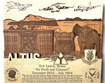 ALTUS AFB 3D Wooden Name Plaque Air Force Army Marines Navy Space Force Veteran PCS Retirement Gift