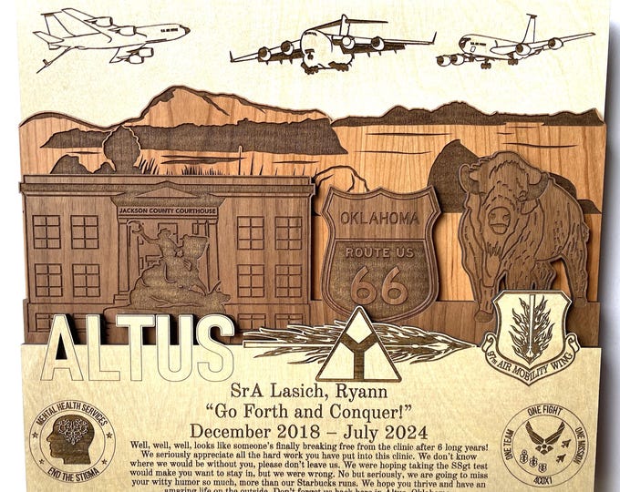 ALTUS AFB 3D Wooden Name Plaque Air Force Army Marines Navy Space Force Veteran PCS Retirement Gift