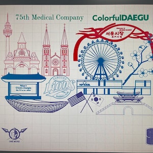 May include: A graphic illustration featuring landmarks and symbols, including a Ferris wheel, churches, and flags of the United States and South Korea. Text includes "75th Medical Company" and "Colorful DAEGU". The design is in shades of blue, red, and green.
