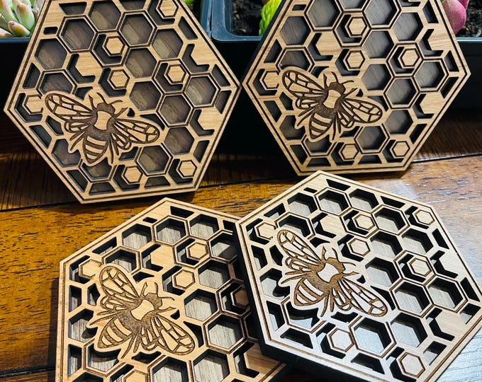 BEE BEEKEEPING Coasters 4 Coasters made from Cherry and Walnut