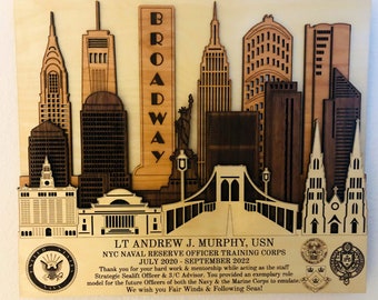 New York 3D Customized Wooden Plaque with Twin Towers or Broadway Sign Air Force Army Navy Marines Space Force Veteran PCS Retirement Gift