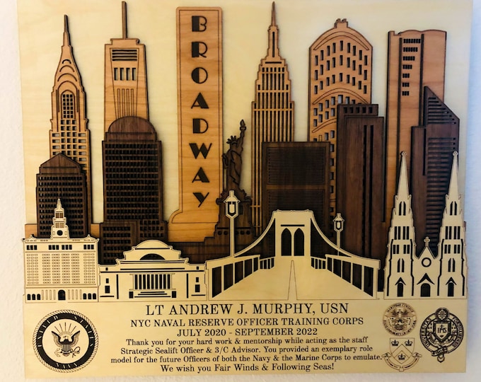 New York 3D Customized Wooden Plaque with Twin Towers or Broadway Sign Air Force Army Navy Marines Space Force Veteran PCS Retirement Gift