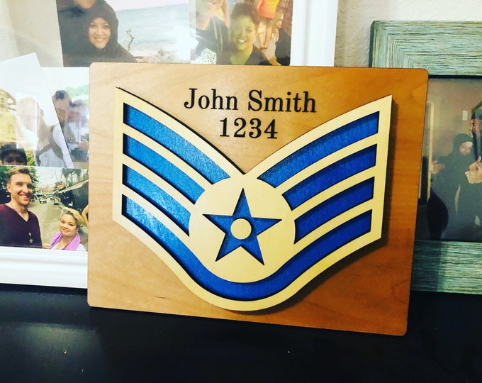 Military Rank Wood Promotion Plaque Air Force Army Marines Navy Space Force Veteran PCS Retirement Gift Chevron
