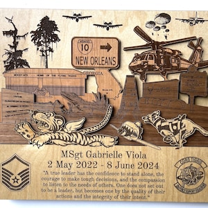 May include: A wooden plaque with a laser-cut design featuring a helicopter, a map of Georgia, and a tiger. The plaque also includes the text "MSgt Gabrielle Viola 2 May 2022 - 8 June 2024" and a quote about leadership. The plaque is a personalized gift for a military member.
