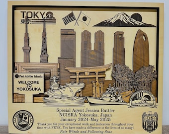 Yokosuka Air Base Japan 3D Wooden Name Plaque Air Force Army Marines Navy Space Force Veteran PCS Retirement Gift