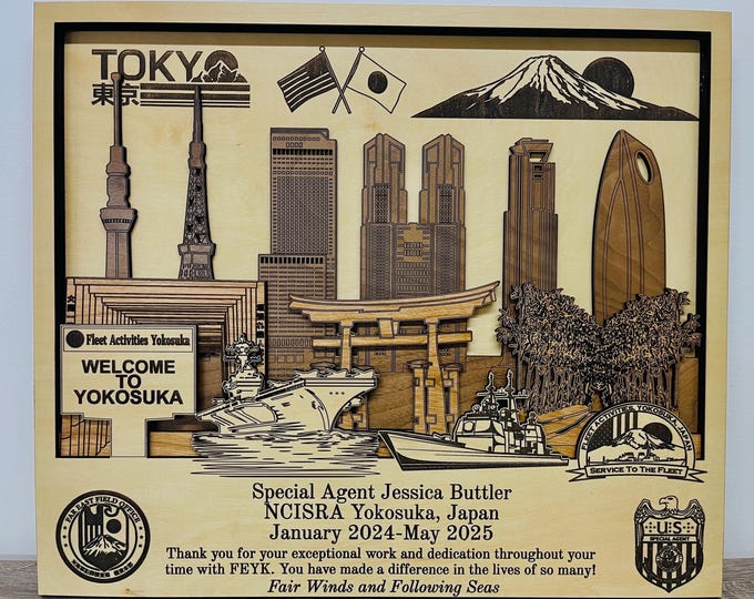 Yokosuka Air Base Japan 3D Wooden Name Plaque Air Force Army Marines Navy Space Force Veteran PCS Retirement Gift