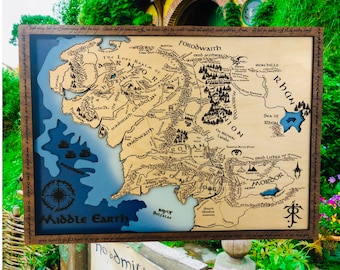 MIDDLE EARTH Map, Elvish border, customized Wooden Wall Map, Stunning 3D Wood Lord Of The Rings Tolkien Wall Hanging Map, LOTR, Unique gift