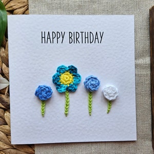 Happy Birthday - Glückwunschkarte, Gratulation, Geburtstag, Blume, Blumenwiese, Natur, Blumenbouquet, Freundschaft, Gehäkelt, bunt, Vintage
