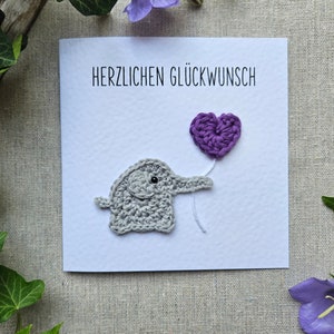 Herzlichen Glückwunsch - Karte, Gratulation, Geburtstag, Hochzeit, Tiermotiv, Elefant, Freundschaft, Liebe, Gehäkelt, bunt, Vintage