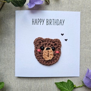 Happy Birthday - Glückwunschkarte, Gratulation, Geburtstag, Tier Motiv, Bär, Herz, Gehäkelt, Freundschaft, Einladung, Vintage