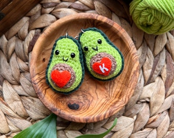 Personalized Avocado Keychain, Kawaii Avocado Half, Heart, Love, Friendship, Couple Gift, Kawaii Amigurumi, First Letter, Mini Plush