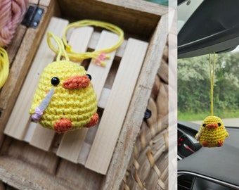 Chick with knife pendant, car rearview mirror pendant, adjustable, car decoration, crochet mirror pendant, funny duckling, duck