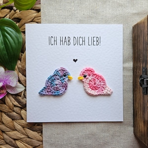 Te amo - tarjeta de felicitación, felicitaciones, motivo animal, pájaro, corazón, crochet, amistad, amor, vintage