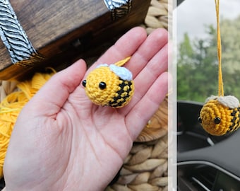 Bee pendant, car rearview mirror pendant, adjustable, car decoration, crochet mirror pendant, dangling bee, chubby bumblebee