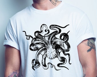 Octopus T Shirt, Octopus Tee, Retro Vintage Style Octopus T-Shirt, Squid T-shirt, Nautical Shirt, Graphic Animal Illustration, Pulpo Tee