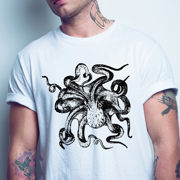 Octopus T Shirt, Octopus Tee, Retro Vintage Style Octopus T-Shirt, Squid T-shirt, Nautical Shirt, Graphic Animal Illustration, Pulpo Tee