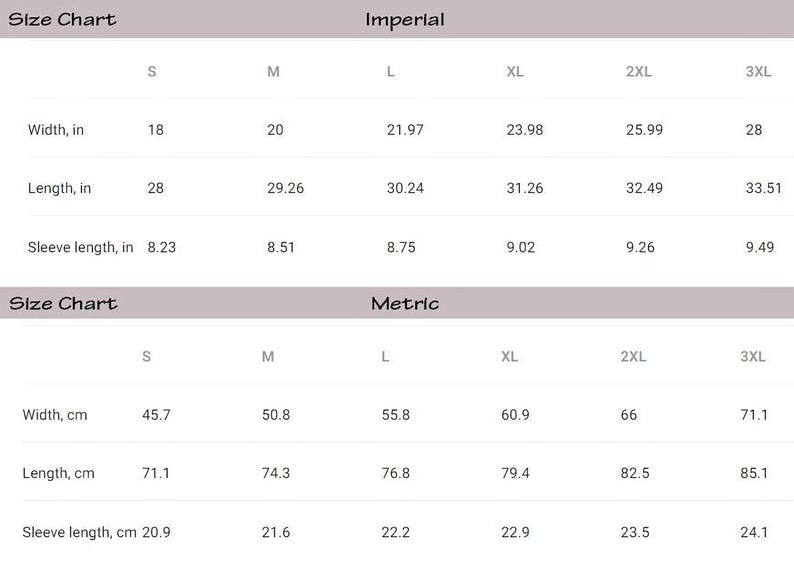 two tables with size charts for different clothing items, including sizes S, M, L, XL, 2XL, 3XL, and Sleeve length. The tables provide measurements for width, length, sleeve length, and sleeve length in centimeters.