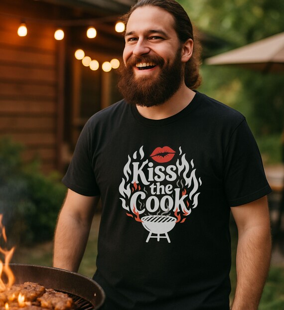Kiss the Cook BBQ T Shirt Funny Grill Master Gift for Dad Chef Summer Cookout Tee Fathers Day Shirt for Men Christmas Gift For Him