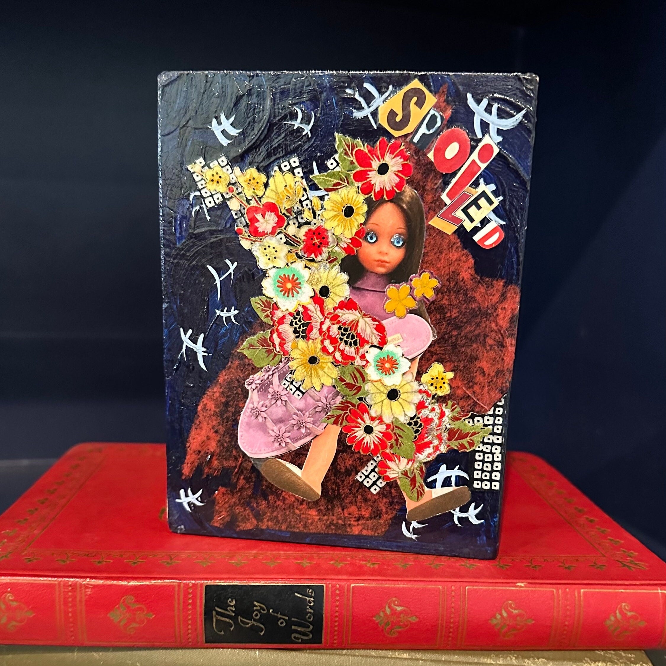 Original mixed media oddity outsider art collage doll flowers weird