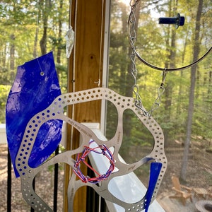 Handmade Stained Glass Wind Chime, Hanging Glass Sculpture, Outsider Bicycle Art, Garden Decor Sun Catcher, Wind Spinner