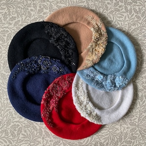 Vintage Inspired Wool Beret with beaded loral Embroidery Design