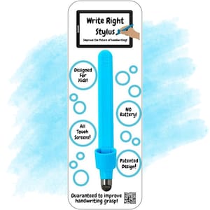 May include: A light blue stylus with the text "Write Right Stylus" and the tagline "Improve the future of handwriting!". Features include "Designed For Kids!", "All Touch Screens!", "NO Battery!", and "Patented Design!"