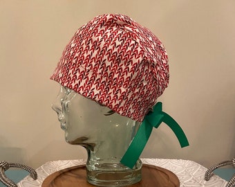 Christmas:  Red "Knitted" Pattern with Green Ribbon Pixie Scrub Cap/Scrub hat for women/scrub hats