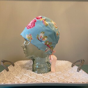 Pale Blue with Pink Roses and Pale Pink Ribbon Pixie Scrub Cap/Scrub hat for women/scrub hats