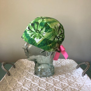 Palm Leaves with Pink Ribbon Pixie Scrub Cap/Scrub hat for women/scrub hats