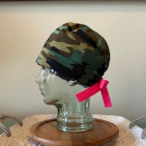 Camo with Hot Pink Ribbon Pixie Scrub Cap/Scrub hat for women/scrub hats