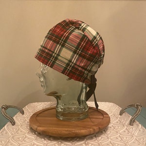 Christmas:  Christmas Cream, Green, Black and Red Plain with Black Ribbon Pixie Scrub Cap/Scrub hat for women/scrub hats