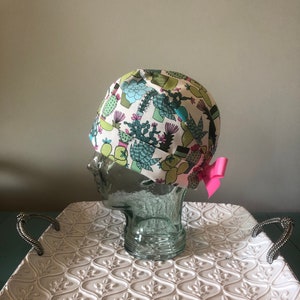 Succulents with Pink Ribbon Pixie Scrub Cap/Scrub hat for women/scrub hats