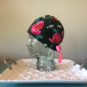 Dark Green with Roses and Pink Ribbon Pixie Scrub Cap/Scrub hat for women/scrub hats