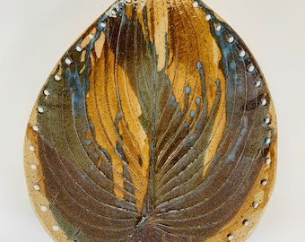 Pottery Basket Base...... Hosta leaf in brown and blue. Designed to be woven with round reed or coiling.