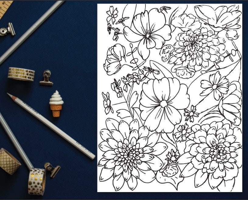 Download Flower Bouquet Coloring Page Bundle | Etsy