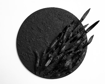 Sculpted Black Textured Plaster Wooden Round Nature Dew Wall Art