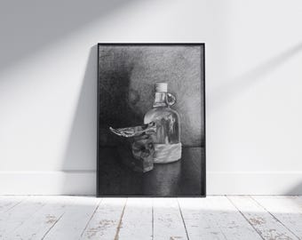 Monochrome Skull and Chili Pencil Drawing: Gothic Art Print (PDF)