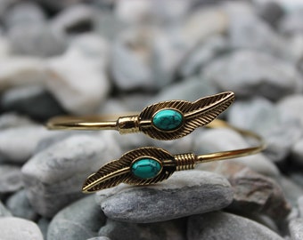 Brass Bohemian Leaf Turquoise Bracelet / Adjustable Brass Bangle / Brass Cuffs/ 925 Silver Plated Brass Bangle 5/ Xmas Gift / Women Jewelry