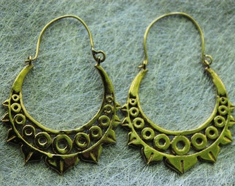 Ethnic Hoop Earrings - Hammered Brass Ethnic Earrings  41 - Gift For Her Earrings - Handmade Earrings - Boho Earrings