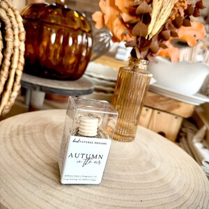 May include: A clear plastic box containing a car diffuser with a wooden cap and twine. The white label features the text "bnl NATURAL DESIGNS" and "AUTUMN in the air" with "diffuser base + fragrance oil" and "long lasting car diffuser 8ml".