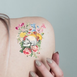 Skull with flowers temporary tattoo - vintage tattoo - temporary tattoo - skull anatomy tattoo set of 2 - colorful vintage temporary tattoo