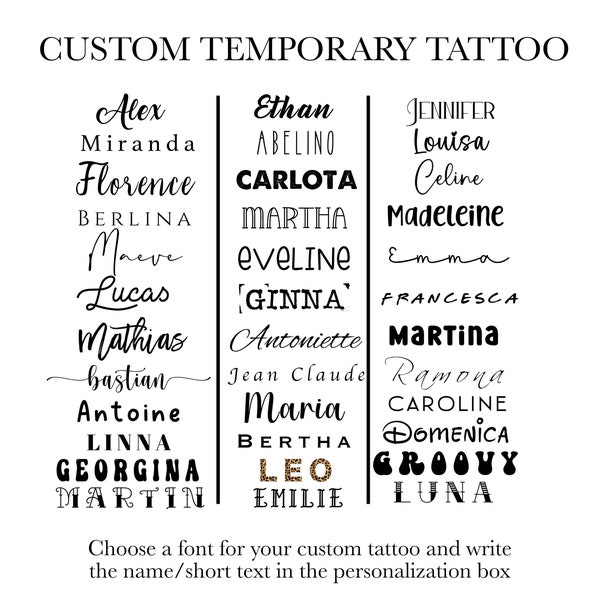 Custom Personalized Name - Font Temporary Tattoo- Set of 3 - Custom Word Temporary Tattoo Sticker - Choose Font and text