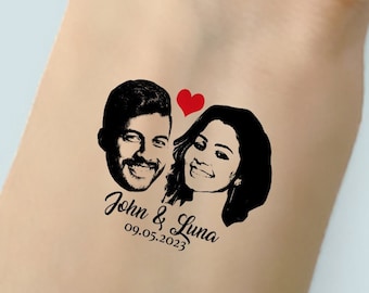 Tatouage temporaire de mariage de visage personnalisé - visages de style de pochoir de mariage personnalisés, noms et tatouage de date - faveurs de mariage - cadeau de mariage