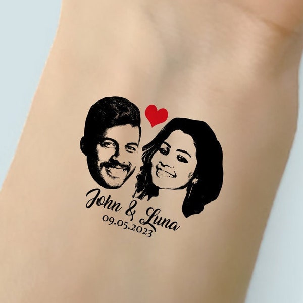 Benutzerdefinierte Gesicht Hochzeit temporäres Tattoo - personalisierte Hochzeit Schablone Stil Gesichter, Namen und Datum Tattoo- Hochzeit Gastgeschenke - Hochzeitsgeschenk