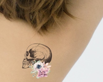 Crâne avec fleurs tatouage temporaire - tatouage vintage - petit tatouage temporaire - anatomie faux tatouage ensemble de 2 - petit design de tatouage