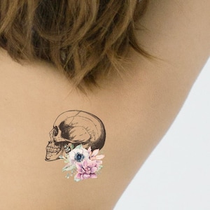 Skull with flowers temporary tattoo - vintage tattoo - little temporary tattoo - anatomy fake tattoo set of 2 - small tattoo design