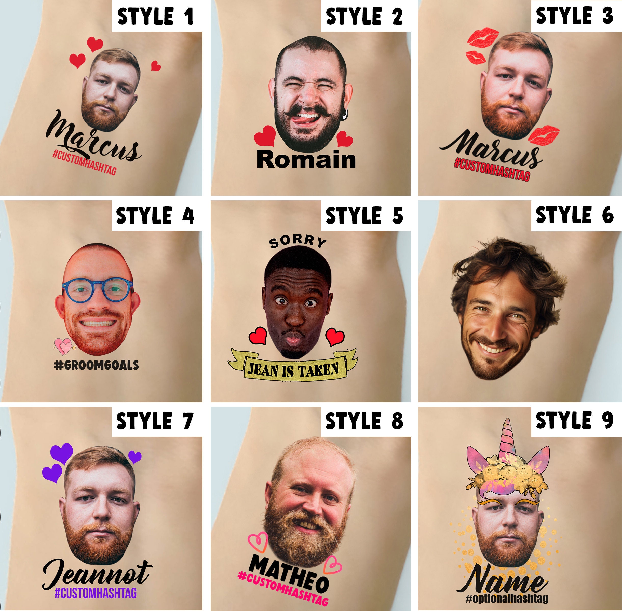 Bachelorette face tattoos, Custom bachelorette party favor photo temporary tattoos, party tattoos, groom tattoo, personalised bachelorette