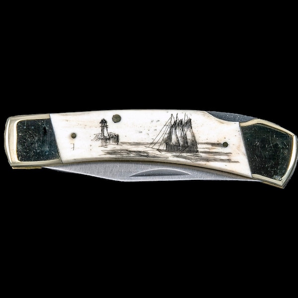 Scrimshaw Ship and Lighthouse Design Scrimshaw Collection on Bovine Bone Large Pocket Knife. Personalization Option.