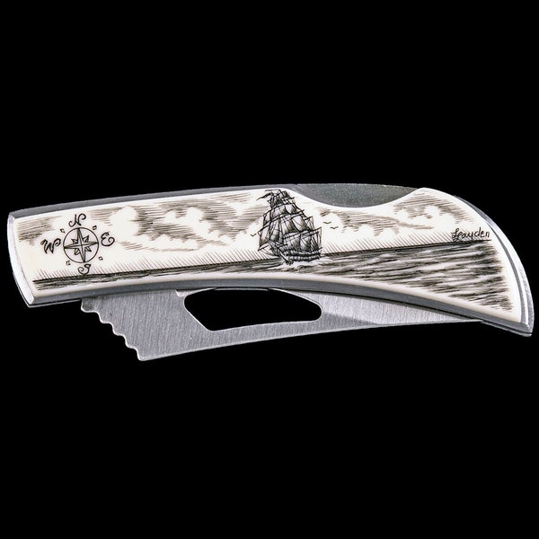 Scrimshaw Ship and Compass Design Stainless Steel Silver Hawk Pocket Knife.